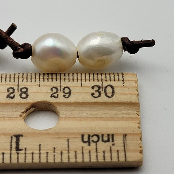 Bohemian White Baroque Pearl Brown Leather Cord Tassel Toggle Necklace 38" - Picture 8 of 9